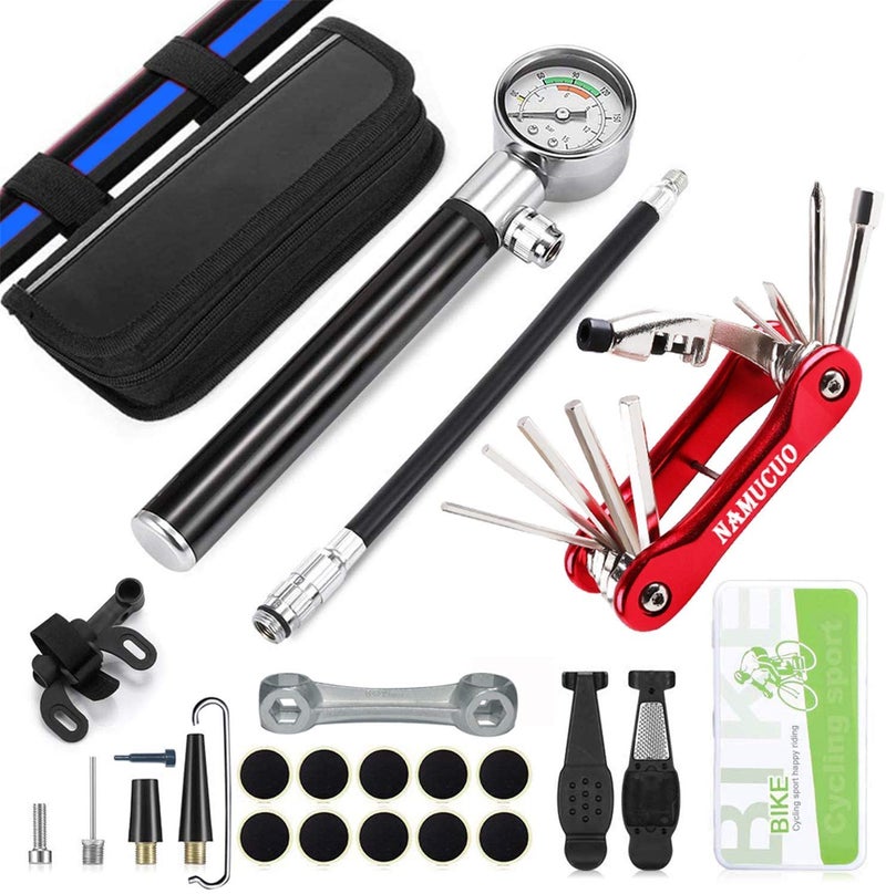 YBEKI Bike Tire Repair Kit with 210PSI Mini Pump & 10-in-1 Multi-Tool | Includes Chain Breaker, Glueless Patches, Tire Levers & Portable Bag | for Road, Mountain & BMX Bicycles - Image 1